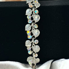 Vintage BSK AB Clear Rhinestones Floral Bracelet - 1960s Silver Tone Matte & Shiny