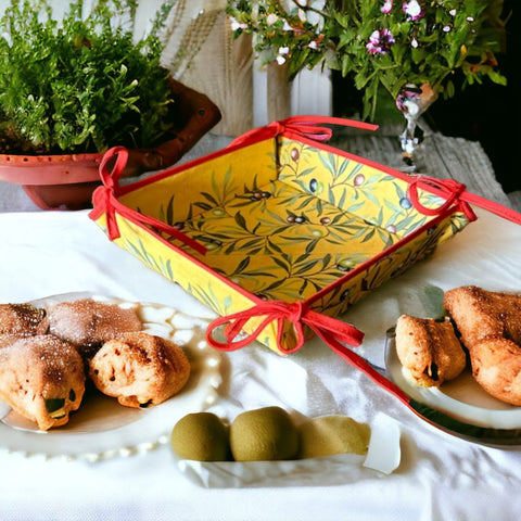 Provence Olives Yellow Baux Design Coated Cotton Bread Basket | Provencal Fabric Decorative Catch-all