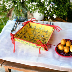 Provence Olives Yellow Baux Design Coated Cotton Bread Basket | Provencal Fabric Decorative Catch-all
