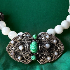 Vintage Czech Peking Glass Filigree Brooch & Moonstone Necklace