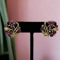 Vintage Lisner Amethyst Rhinestones & Gold Tone Floral Earrings