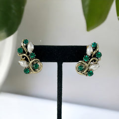 Vintage Lisner Emerald Green Rhinestone & Baby Tooth Faux Pearl Earrings