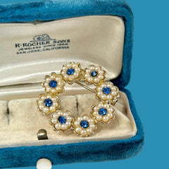 Vintage Sapphire Blue Rhinestone & Faux Pearl Floral Wreath Brooch