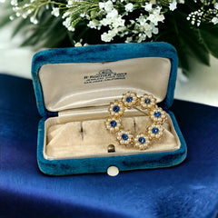 Vintage Sapphire Blue Rhinestone & Faux Pearl Floral Wreath Brooch