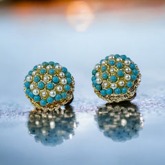 Vintage Turquoise Glass & Faux Pearl Domed Clip-on Earrings