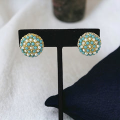 Vintage Turquoise Glass & Faux Pearl Domed Clip-on Earrings