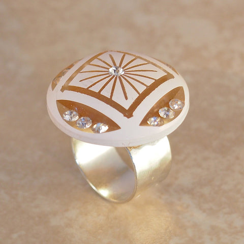 Painted Carved Lucite and Rhinestone Ring